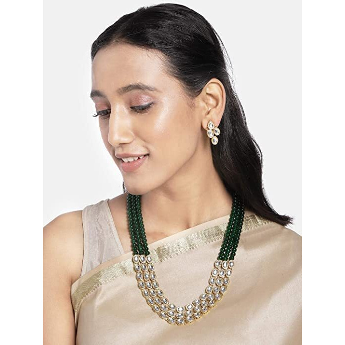 I Jewels Gold Plated Traditional Stunning White Kundan Studded Layered Pearl Necklace Jewellery Set with Earrings For Women/Girls (IJ376G)