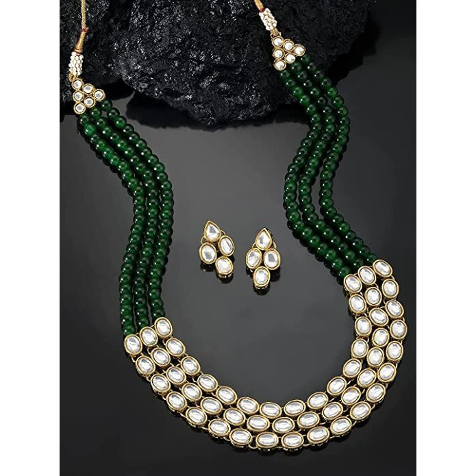I Jewels Gold Plated Traditional Stunning White Kundan Studded Layered Pearl Necklace Jewellery Set with Earrings For Women/Girls (IJ376G)