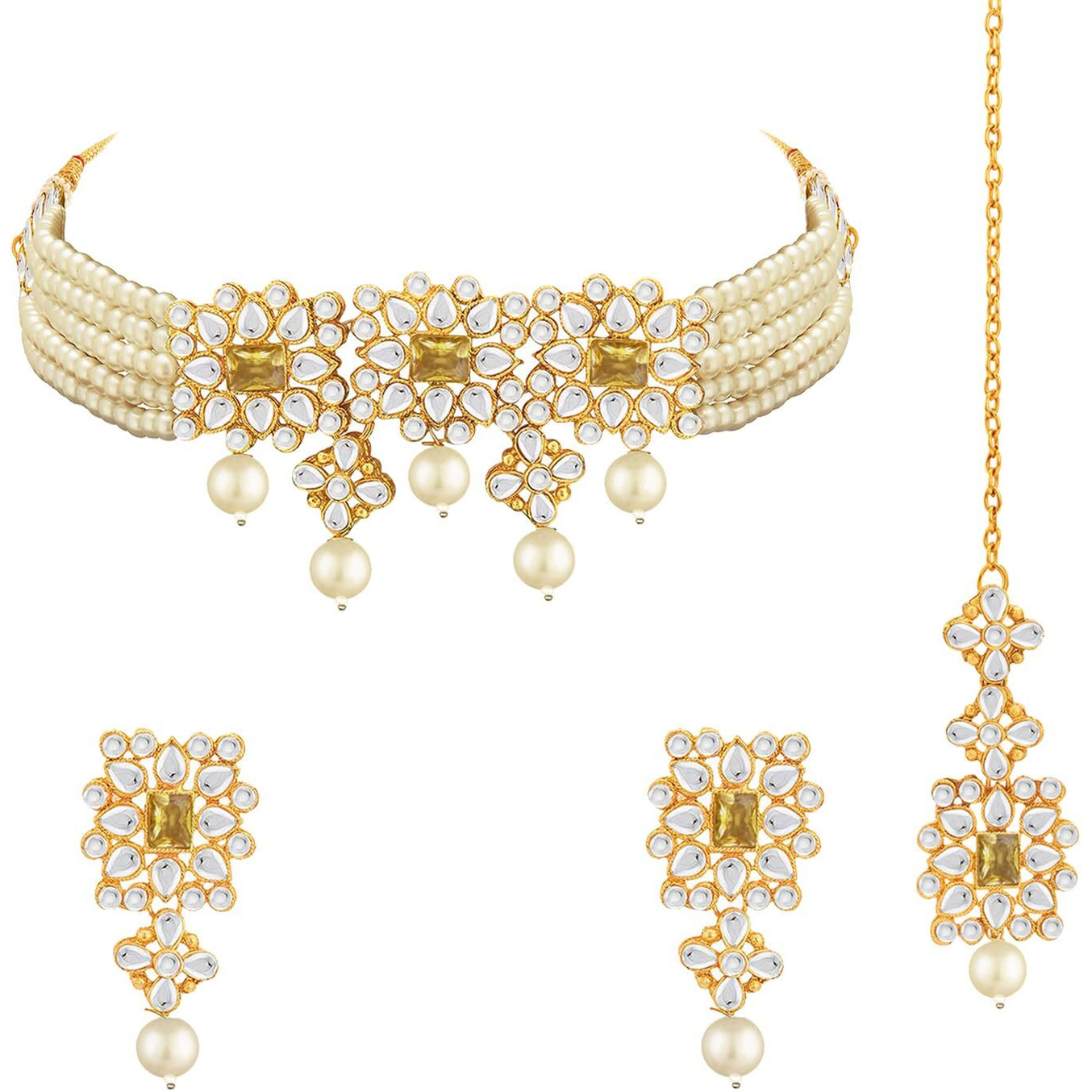 Peora Gold Plated Pearl Beaded Adjustable Choker Necklace with Earring Maang Tikka Jewellery Set For Womens