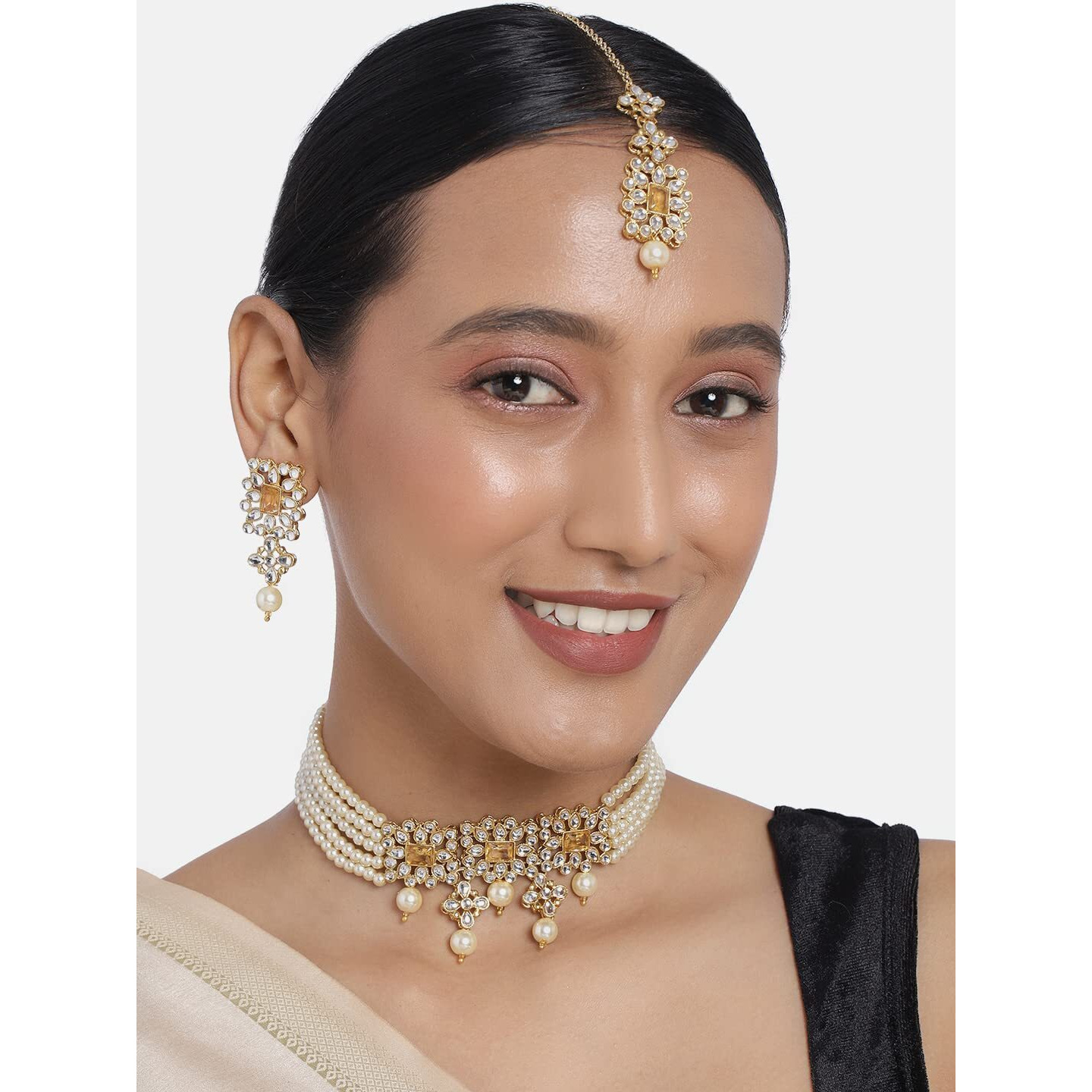 Peora Gold Plated Pearl Beaded Adjustable Choker Necklace with Earring Maang Tikka Jewellery Set For Womens