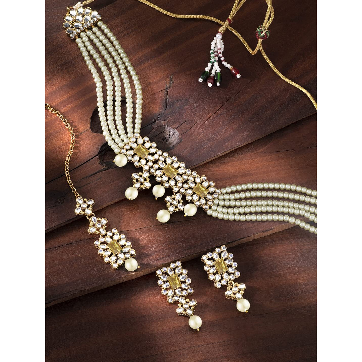 Peora Gold Plated Pearl Beaded Adjustable Choker Necklace with Earring Maang Tikka Jewellery Set For Womens