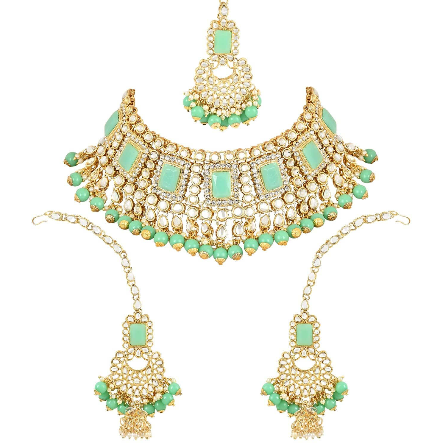 I Jewels 18K Gold Plated Traditional Handcrafted Faux Kundan & Pearl Studded Bridal Choker Necklace Jewellery Set with Earrings & Maang Tikka For Women (IJ401) (Mint)