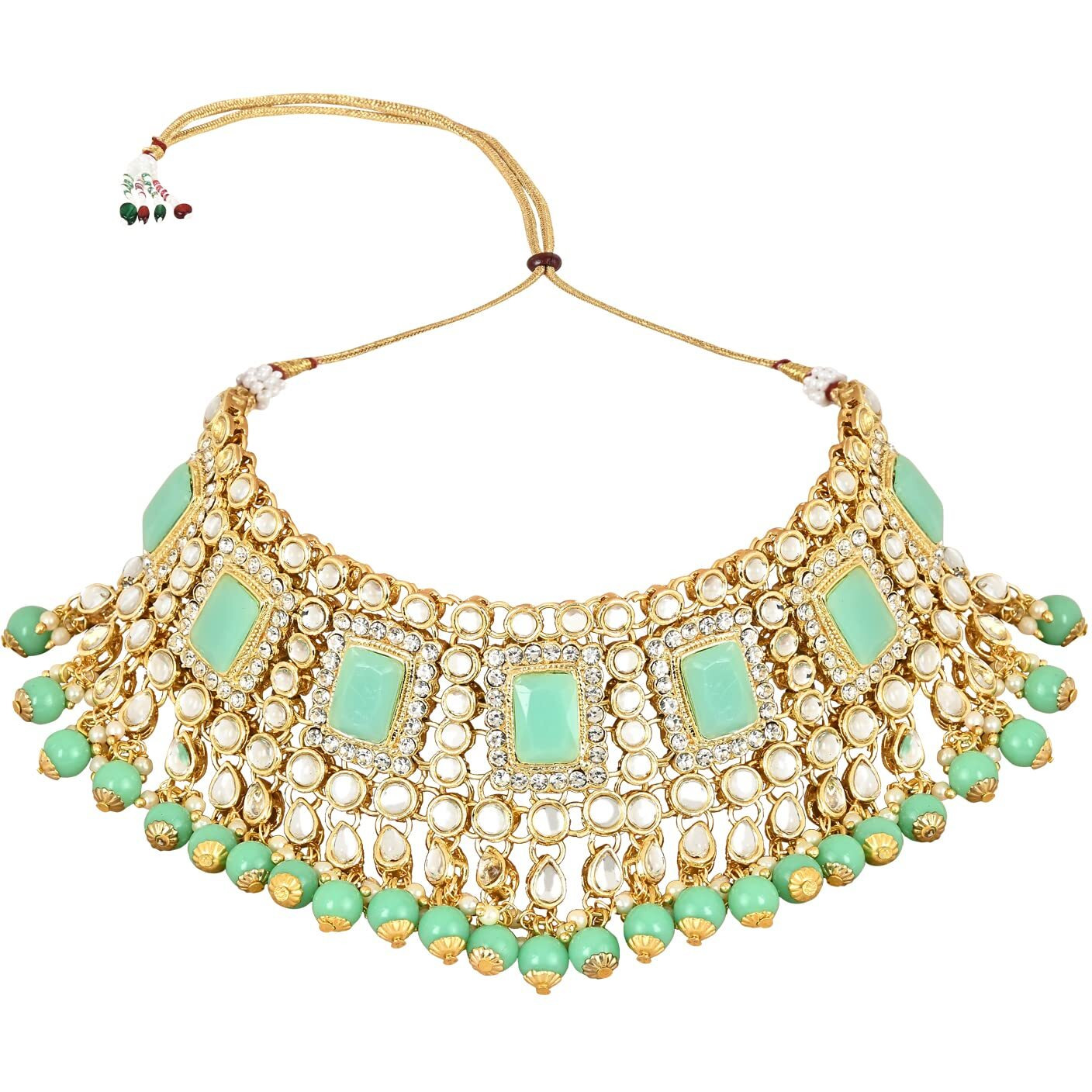 I Jewels 18K Gold Plated Traditional Handcrafted Faux Kundan & Pearl Studded Bridal Choker Necklace Jewellery Set with Earrings & Maang Tikka For Women (IJ401) (Mint)