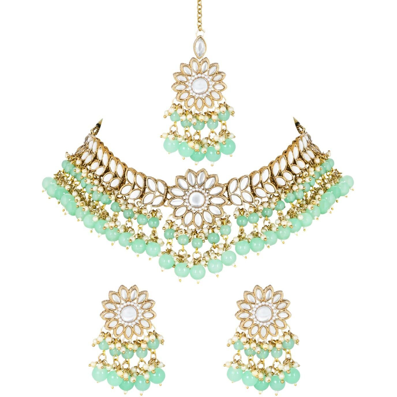 I Jewels 18K Gold Plated Traditional Kundan Studded Mint Pearl Hanging Choker Necklace Jewellery Set With Earrings & Maang Tikka For Women & Girls (K7232Min)