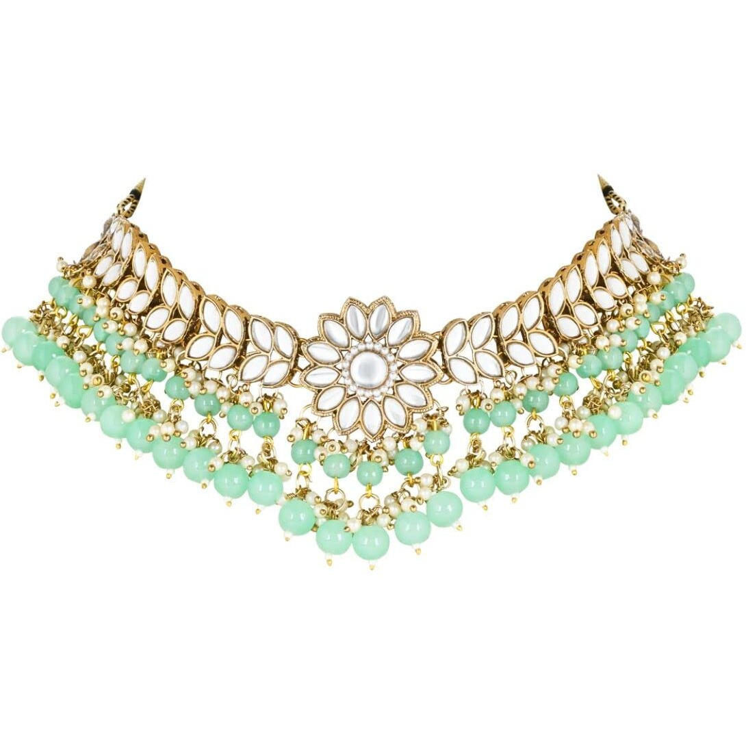 I Jewels 18K Gold Plated Traditional Kundan Studded Mint Pearl Hanging Choker Necklace Jewellery Set With Earrings & Maang Tikka For Women & Girls (K7232Min)