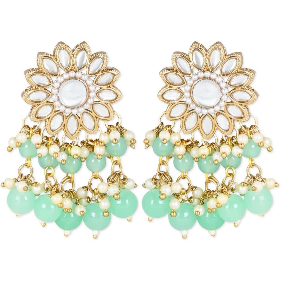 I Jewels 18K Gold Plated Traditional Kundan Studded Mint Pearl Hanging Choker Necklace Jewellery Set With Earrings & Maang Tikka For Women & Girls (K7232Min)