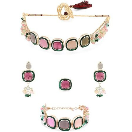 ZAVERI PEARLS Multi Colour Multistrand Beaded Cluster Choker Necklace Earring Ring & Bracelet Set For Women-ZPFK16867