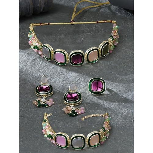 ZAVERI PEARLS Multi Colour Multistrand Beaded Cluster Choker Necklace Earring Ring & Bracelet Set For Women-ZPFK16867