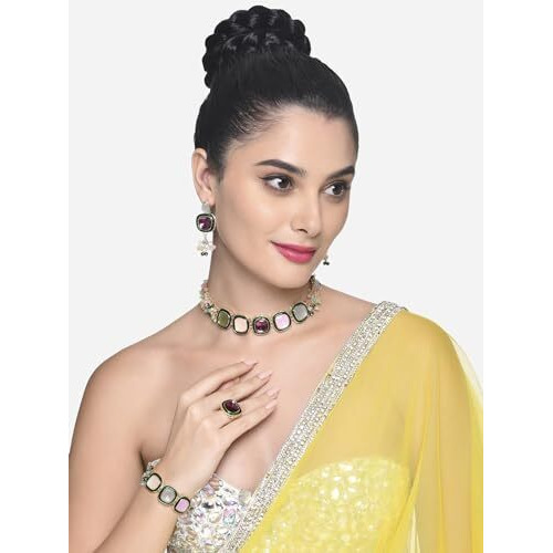 ZAVERI PEARLS Multi Colour Multistrand Beaded Cluster Choker Necklace Earring Ring & Bracelet Set For Women-ZPFK16867
