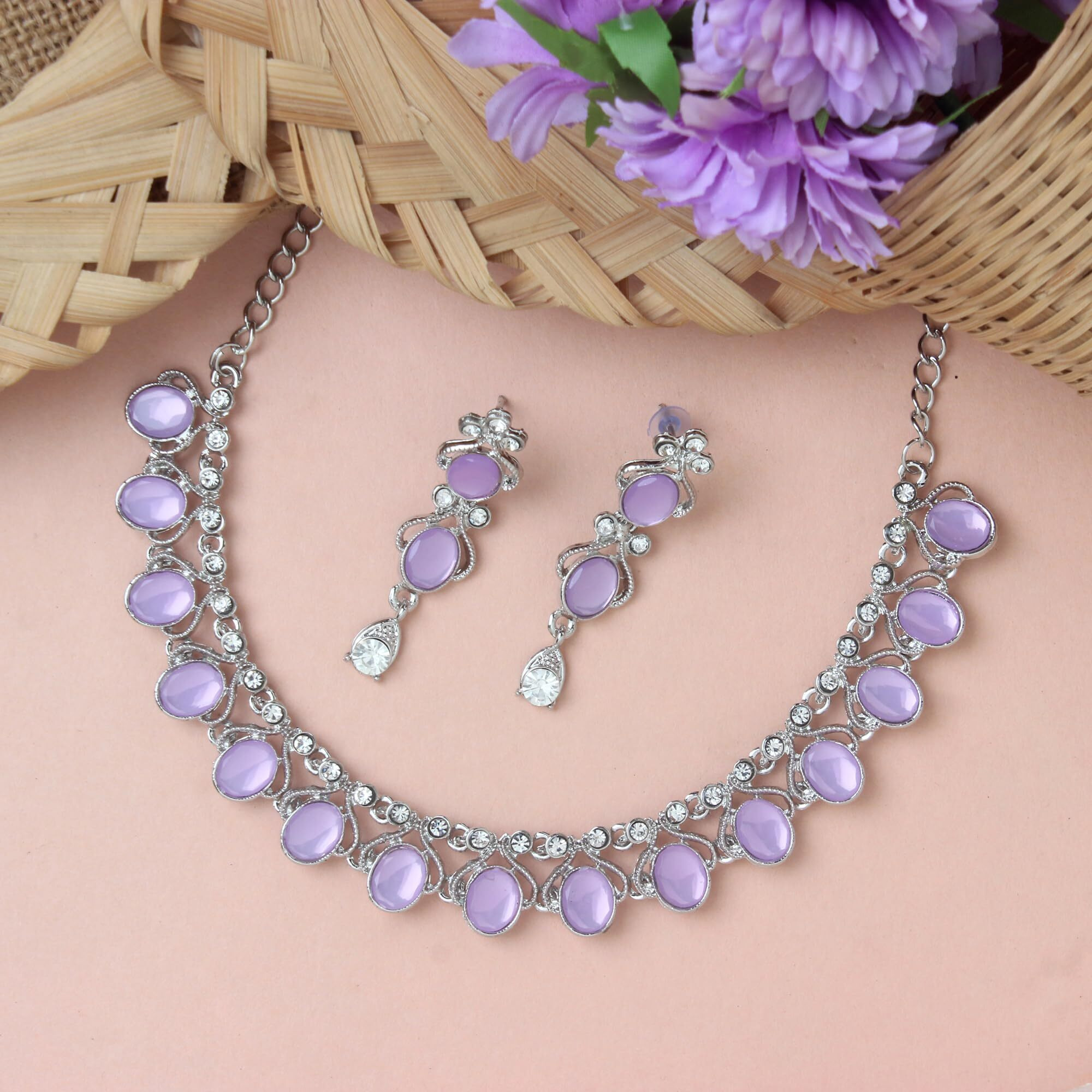 Atasi International Purple Silver Plated Crystal Necklace Jewellery Set with Earrings for Women Ideal for Party, Wedding, Festivals (RPU5706)