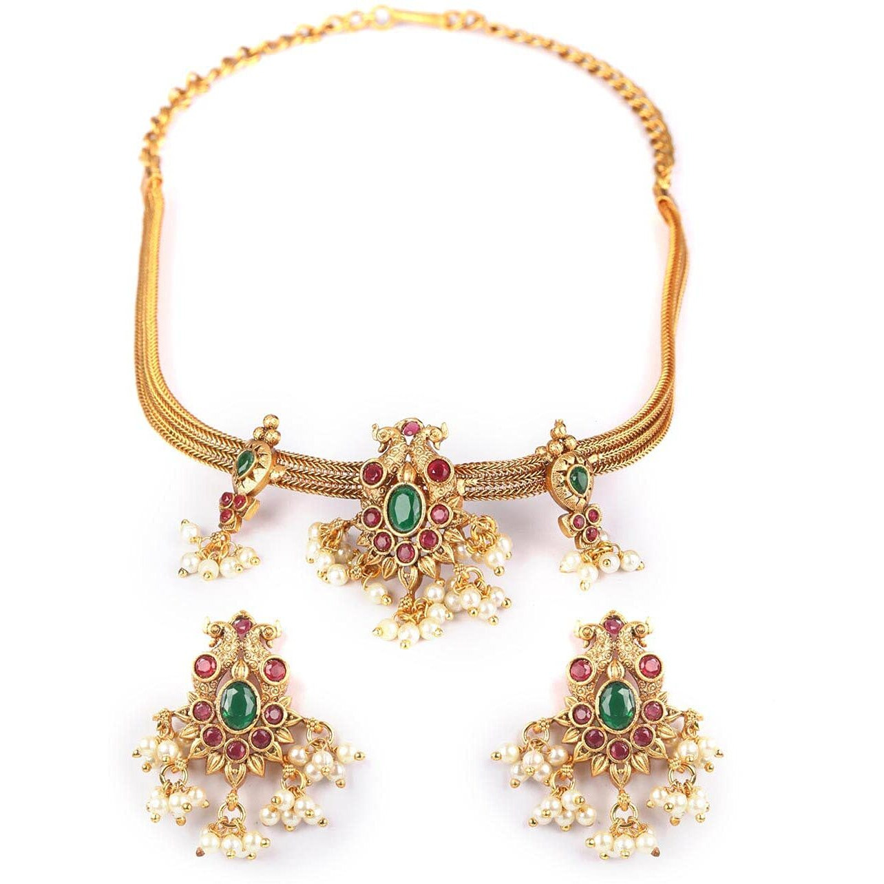 Priyaasi Choker Jewelry Set for Women | Festive Kemp Stone Jewellery | Peacock-Inspired Design | Gold-Plated | Brass Metal | Pearl Drop | Indian Bridal Jewelry Set for Wedding | Bridesmaid Jewelry Set
