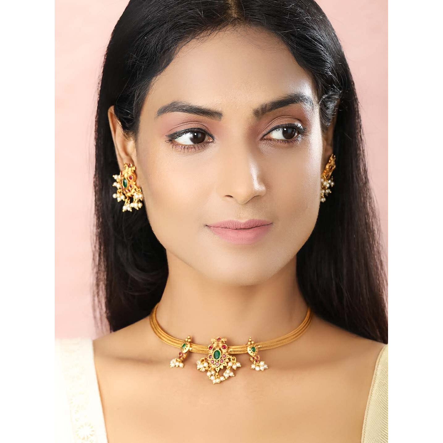 Priyaasi Choker Jewelry Set for Women | Festive Kemp Stone Jewellery | Peacock-Inspired Design | Gold-Plated | Brass Metal | Pearl Drop | Indian Bridal Jewelry Set for Wedding | Bridesmaid Jewelry Set