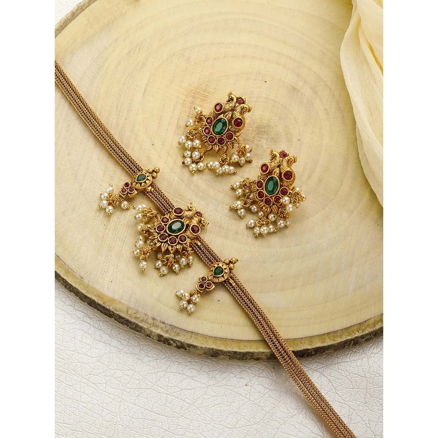 Priyaasi Choker Jewelry Set for Women | Festive Kemp Stone Jewellery | Peacock-Inspired Design | Gold-Plated | Brass Metal | Pearl Drop | Indian Bridal Jewelry Set for Wedding | Bridesmaid Jewelry Set