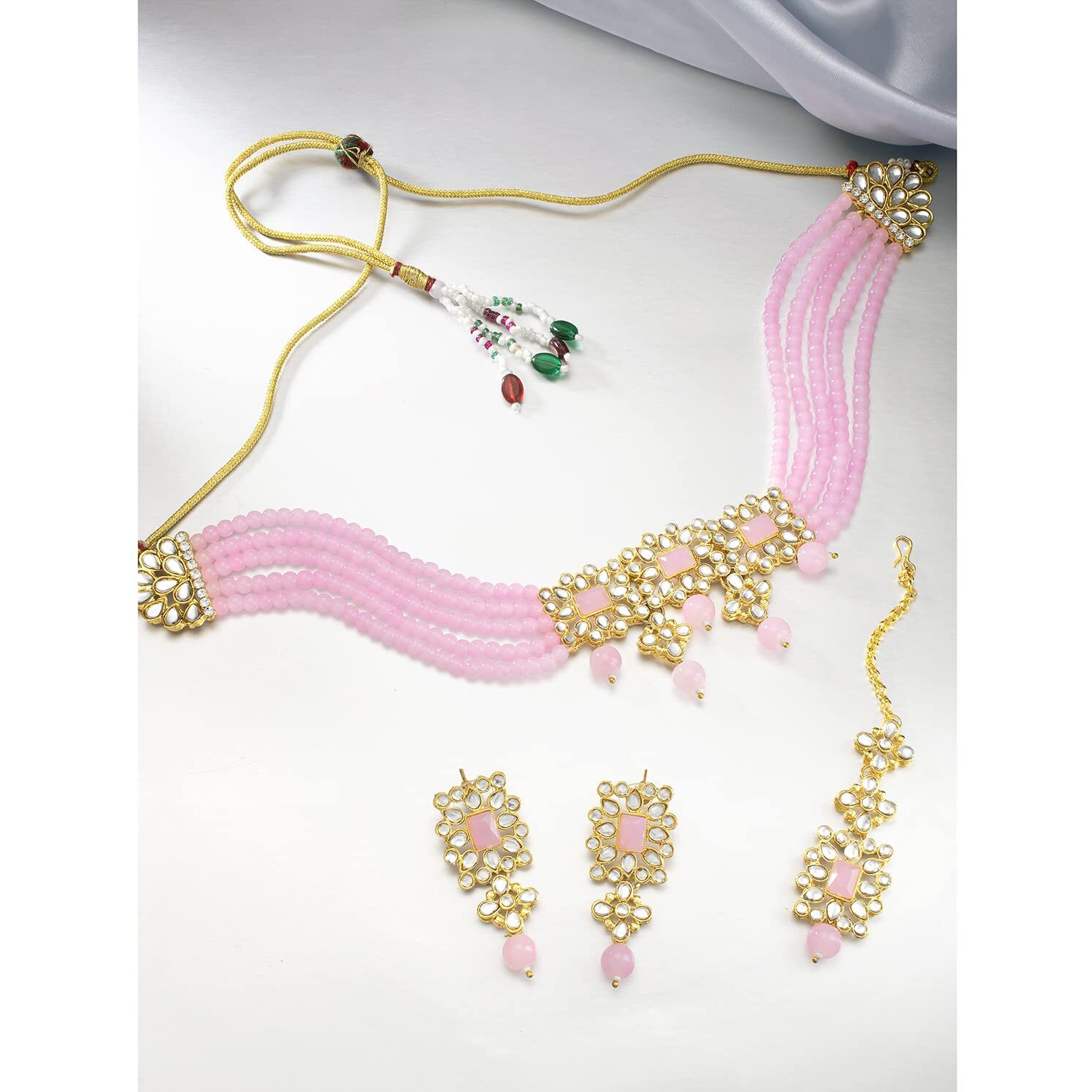 Peora Gold Plated Pearl Beaded Adjustable Choker Necklace with Earring Maang Tikka Jewellery Set (Pink) For Womens