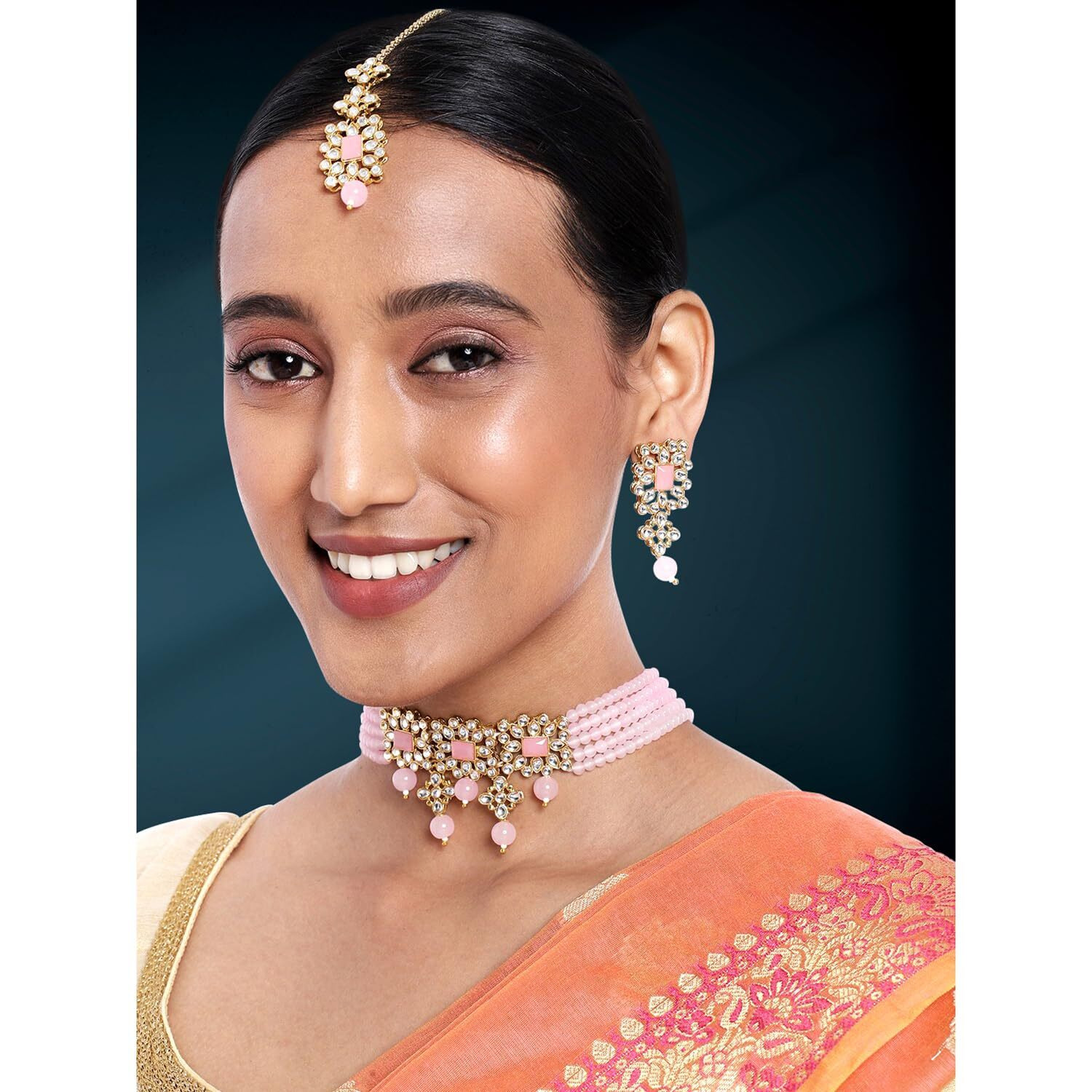 Peora Gold Plated Pearl Beaded Adjustable Choker Necklace with Earring Maang Tikka Jewellery Set (Pink) For Womens