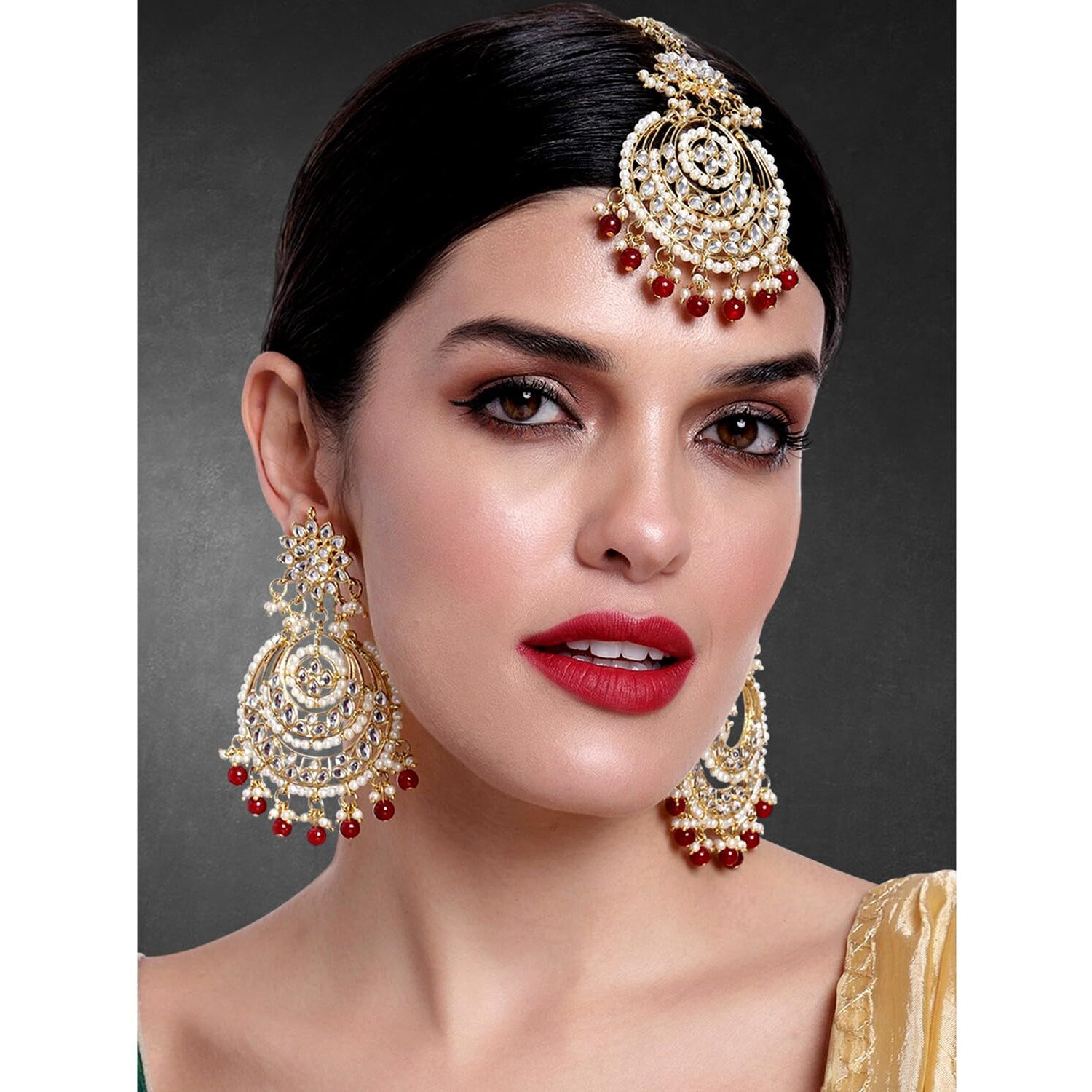 Peora Traditional Jewellery 18K Gold Plated Brass Kundan in Brass Alloy and Pearl Maang Tikka Earring Set for Women (Maroon)