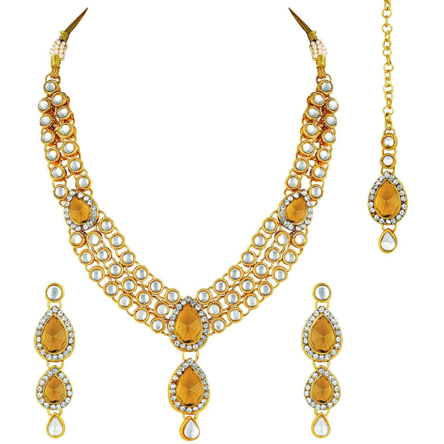 Peora Gold Plated Traditional Kundan Long Necklace Jewellery Set with Earring Maang Tikka for Women Girls (Gold)