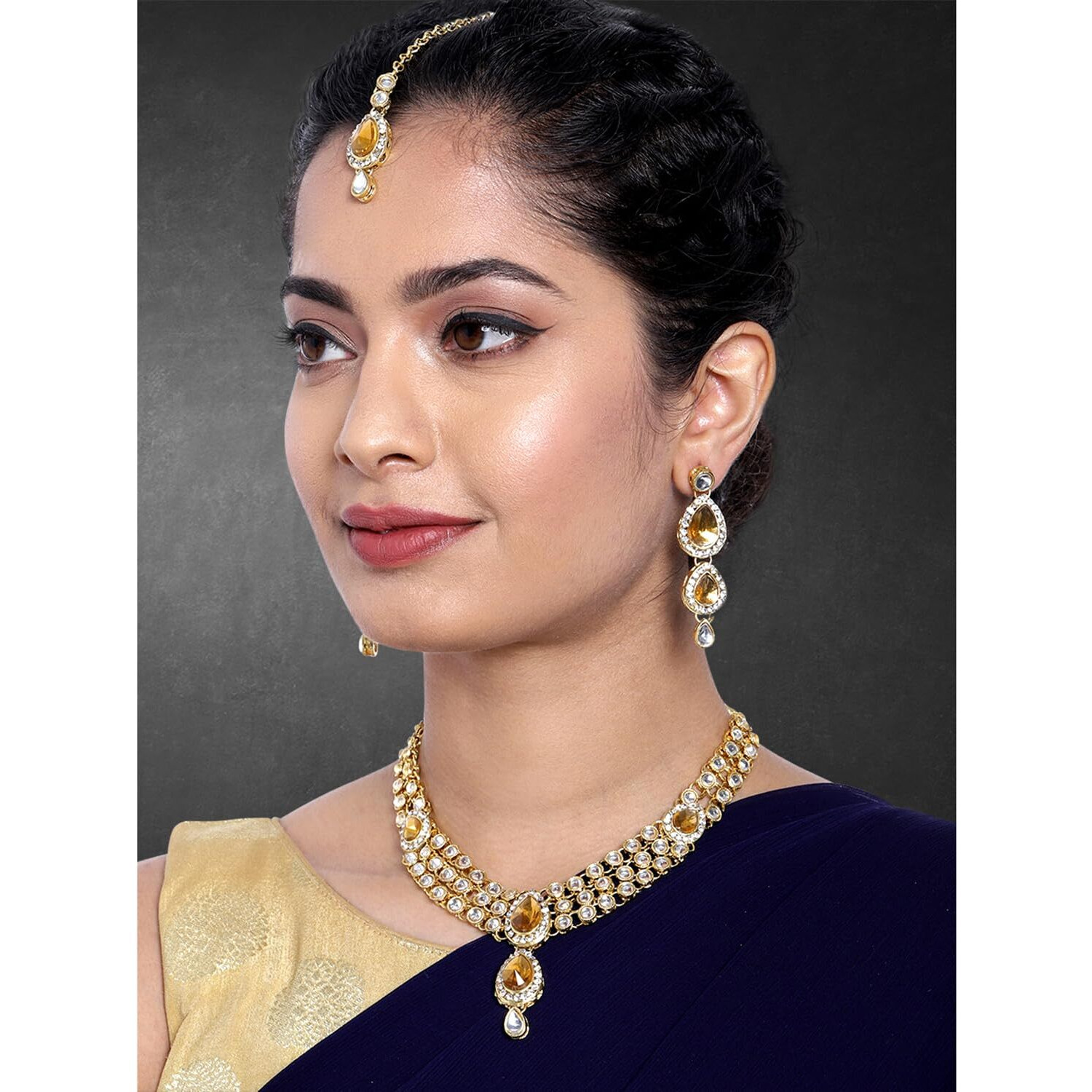 Peora Gold Plated Traditional Kundan Long Necklace Jewellery Set with Earring Maang Tikka for Women Girls (Gold)