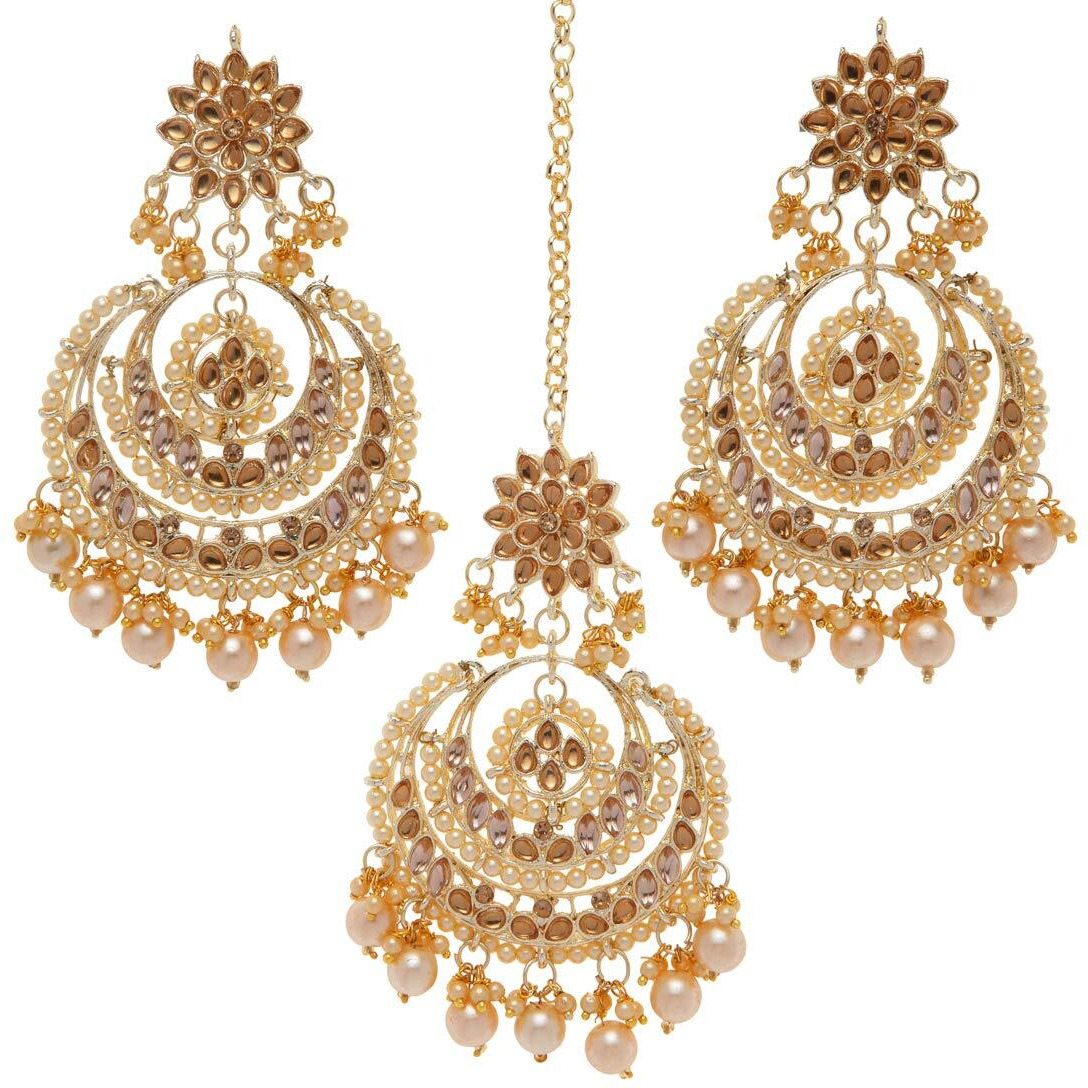 Shining Diva Fashion Latest Stylish Traditional Kundan Maang Tikka Earrings Jewellery Set for Women (Cream)(12408mter), one