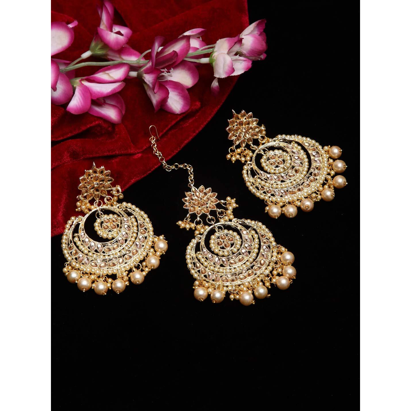 Shining Diva Fashion Latest Stylish Traditional Kundan Maang Tikka Earrings Jewellery Set for Women (Cream)(12408mter), one