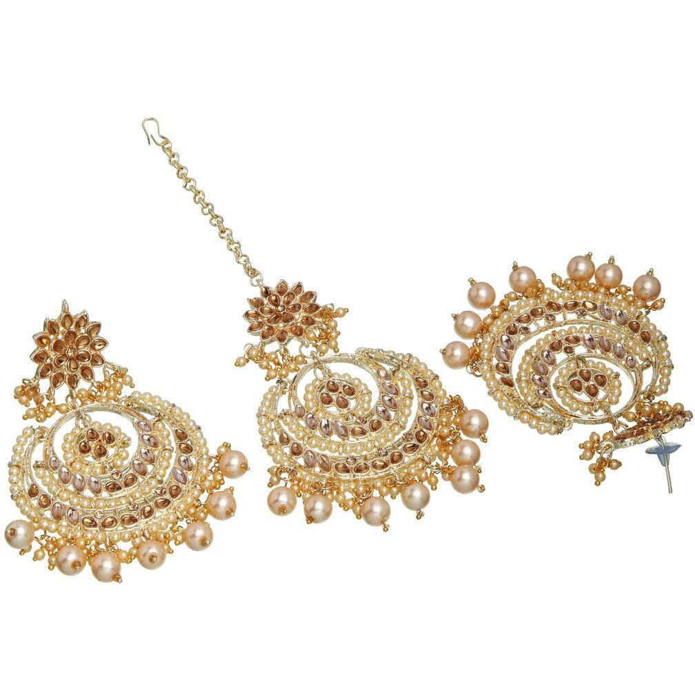 Shining Diva Fashion Latest Stylish Traditional Kundan Maang Tikka Earrings Jewellery Set for Women (Cream)(12408mter), one