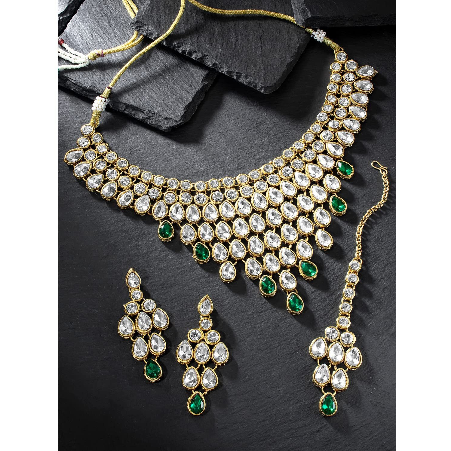 Peora Gold-plated Brass and Kundan Jewellery Set With Earrings Mang Tika for Women & Girls (Green)