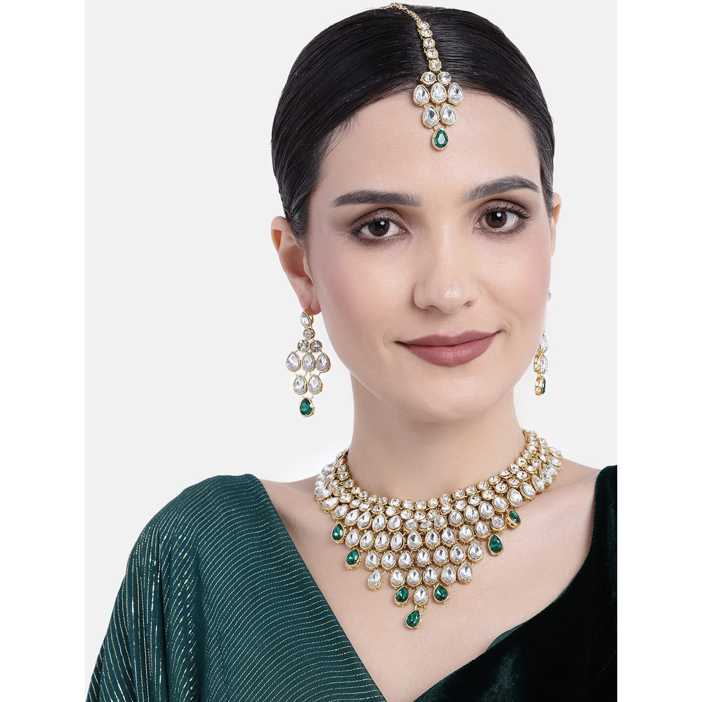 Peora Gold-plated Brass and Kundan Jewellery Set With Earrings Mang Tika for Women & Girls (Green)