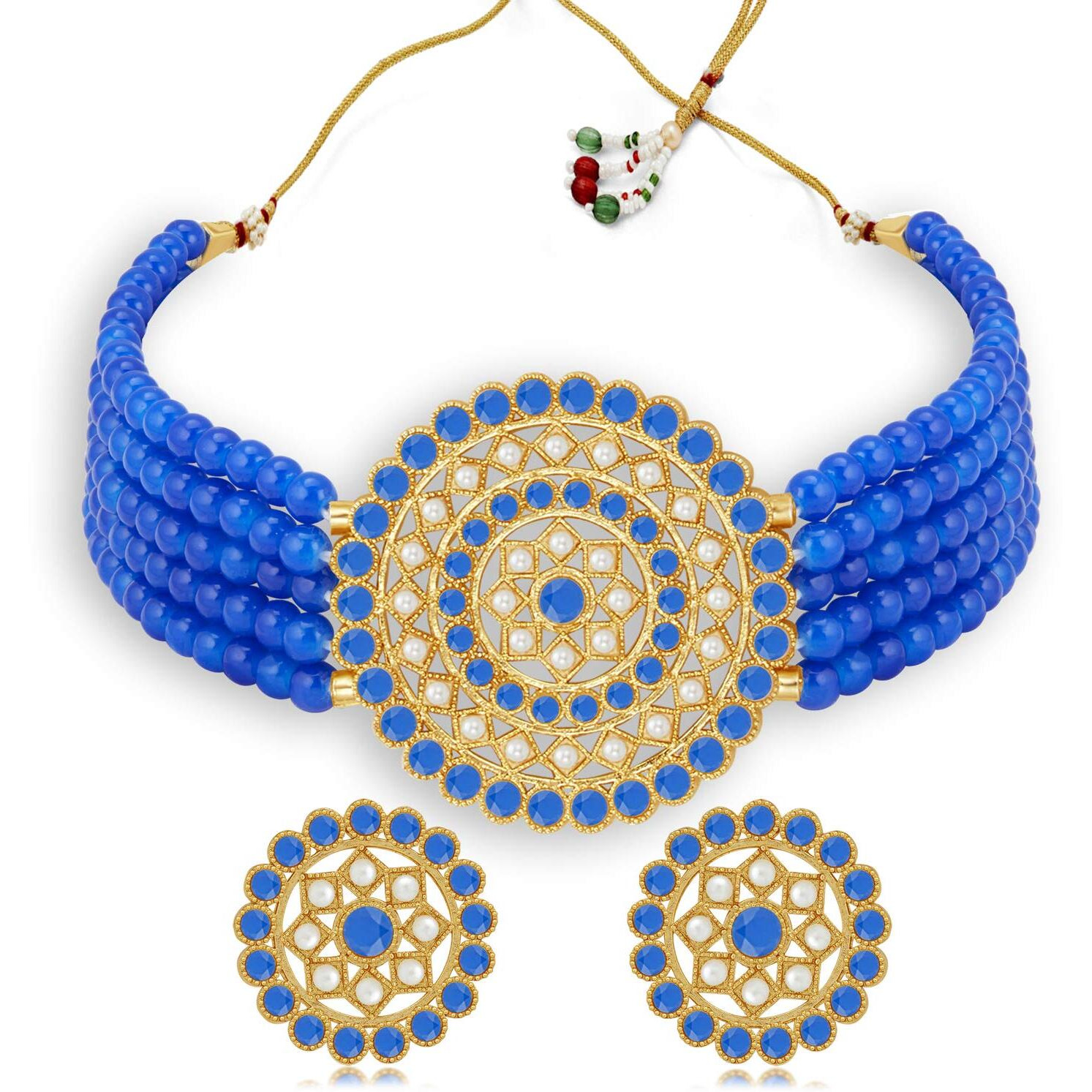 Sukkhi Lavish Gold Plated Blue & White Pearl Choker Necklace Set for Women (SKR70441), free size