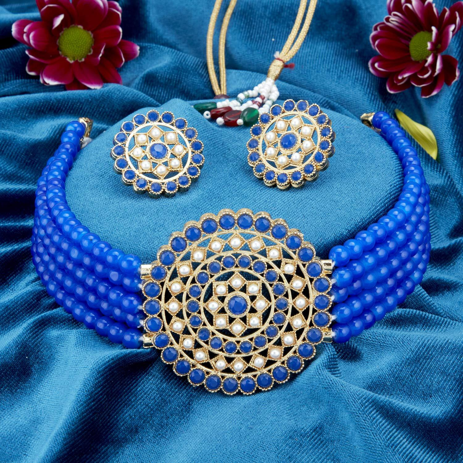Sukkhi Lavish Gold Plated Blue & White Pearl Choker Necklace Set for Women (SKR70441), free size