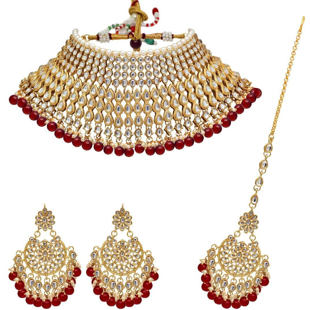 Shining Diva Fashion Latest Kundan Design Bridal Choker Necklace Set for Women Traditional Jewellery Set for Women (Red) (10557s)