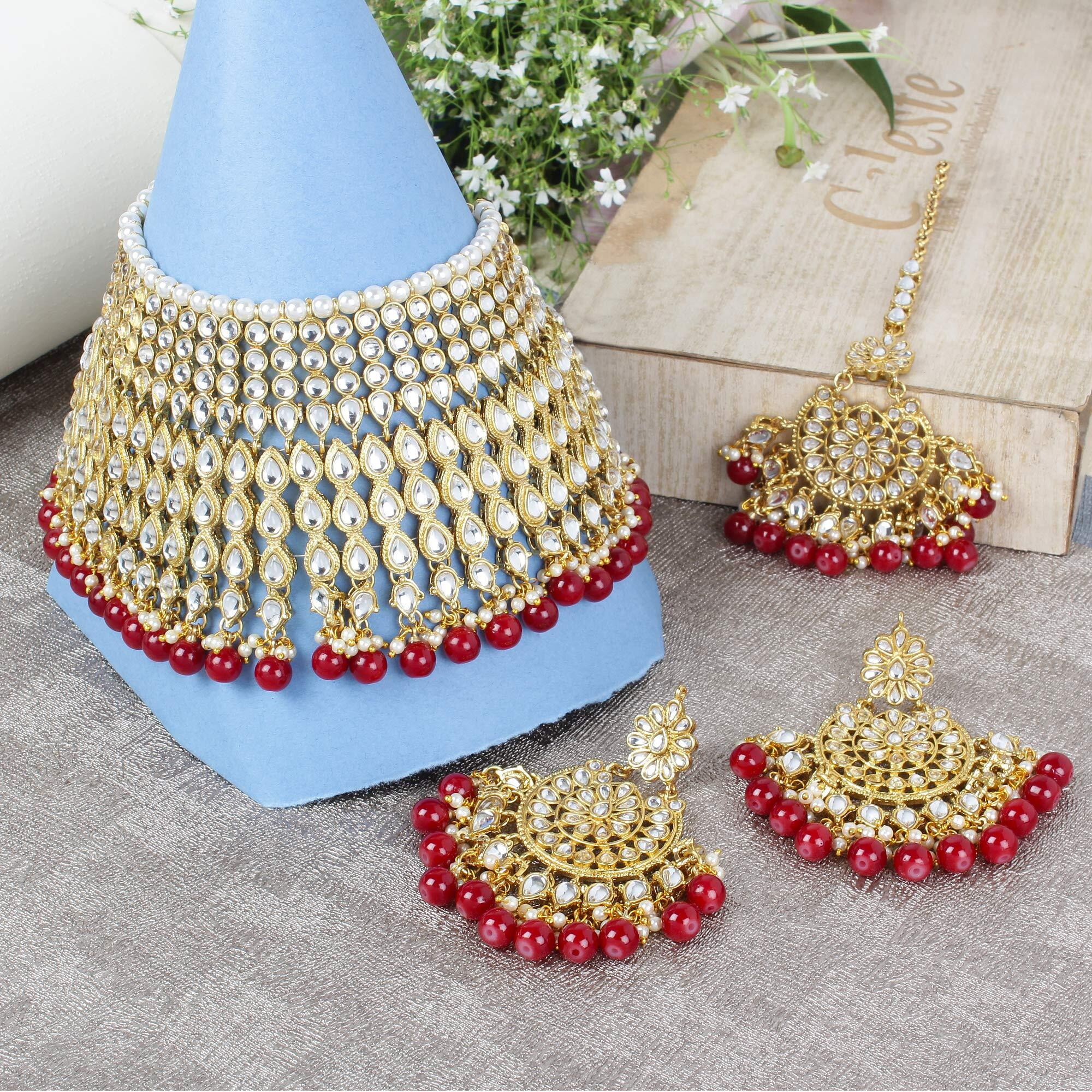 Shining Diva Fashion Latest Kundan Design Bridal Choker Necklace Set for Women Traditional Jewellery Set for Women (Red) (10557s)