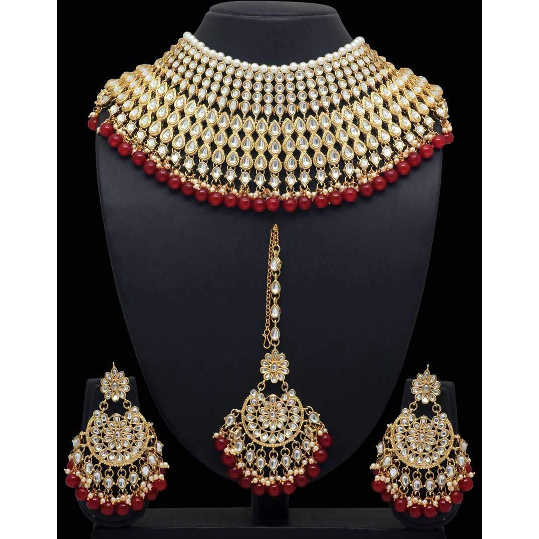 Shining Diva Fashion Latest Kundan Design Bridal Choker Necklace Set for Women Traditional Jewellery Set for Women (Red) (10557s)