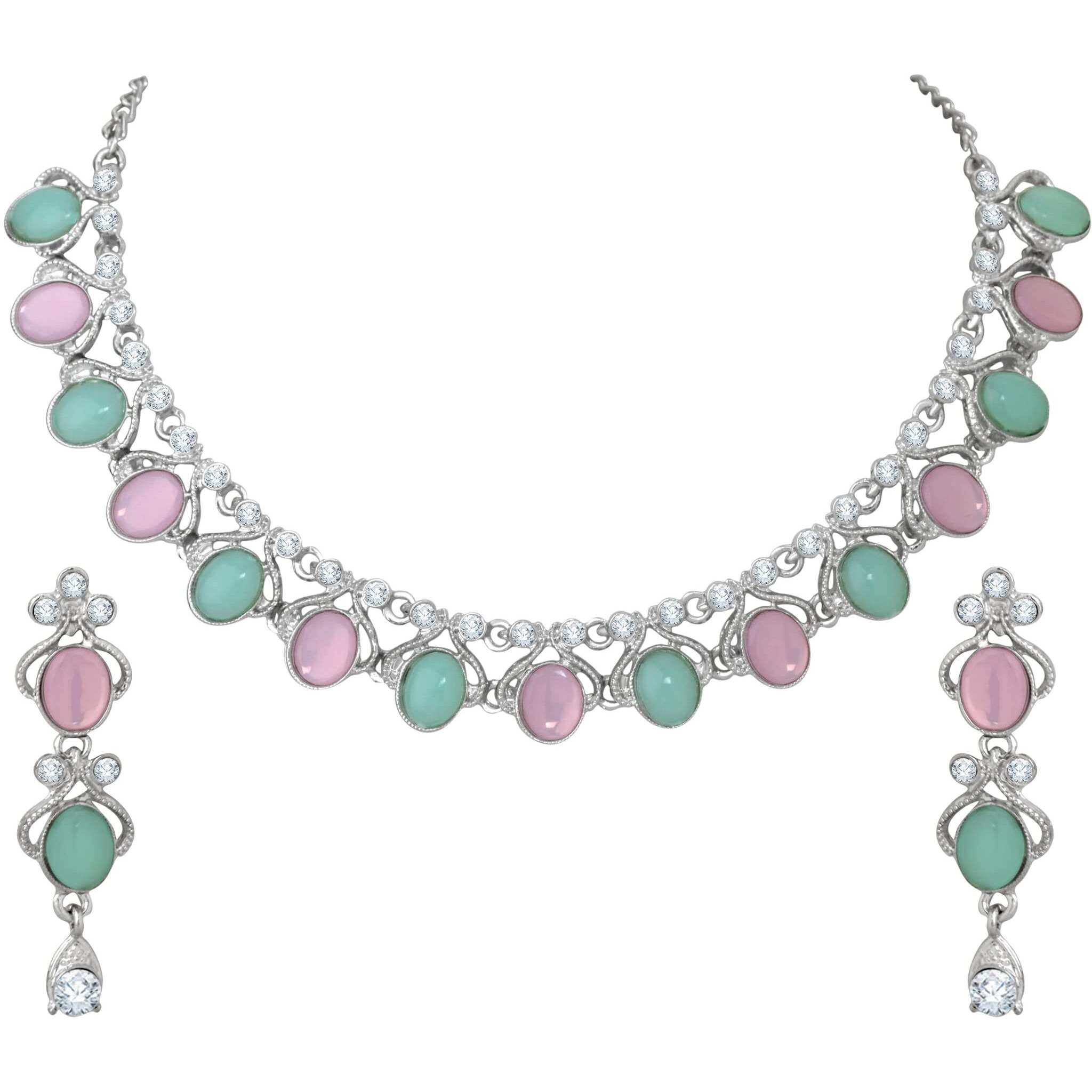 Atasi International Silver Plated Pastel Pink & Green Monlisa Stone Necklace Jewellery Set with Earrings for Women & Girls for Party & Wedding Collection (RMM5706)