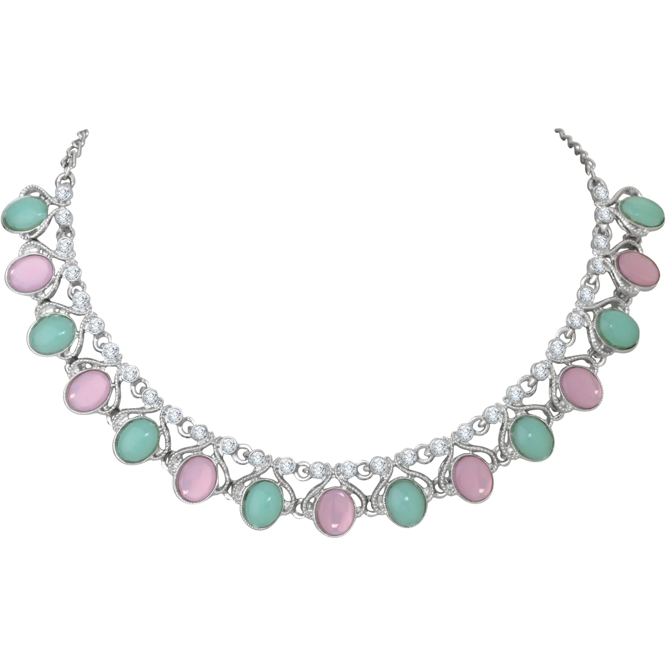 Atasi International Silver Plated Pastel Pink & Green Monlisa Stone Necklace Jewellery Set with Earrings for Women & Girls for Party & Wedding Collection (RMM5706)