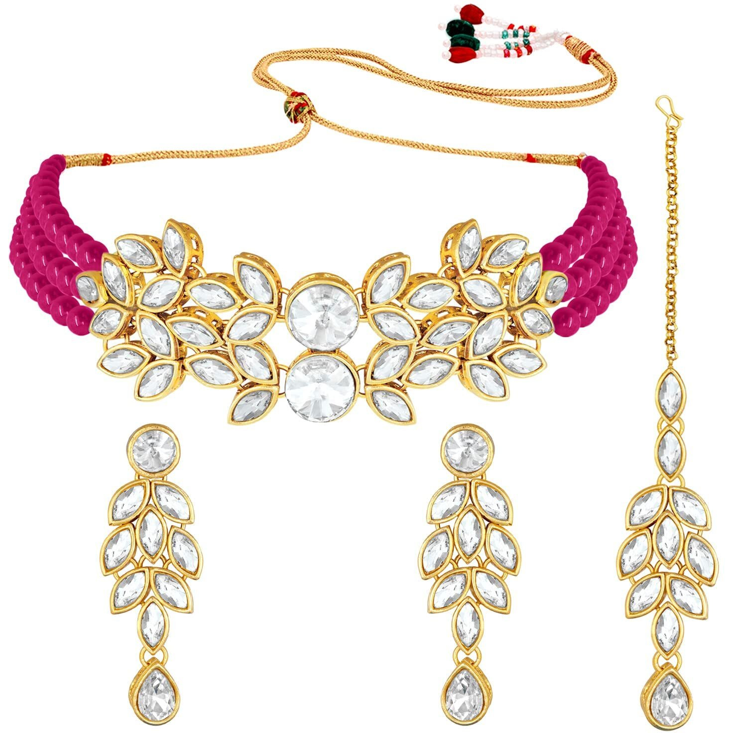I Jewels Gold Plated Traditional Stone Studded Pearl Choker Necklace Set For Women (Rani Pink)