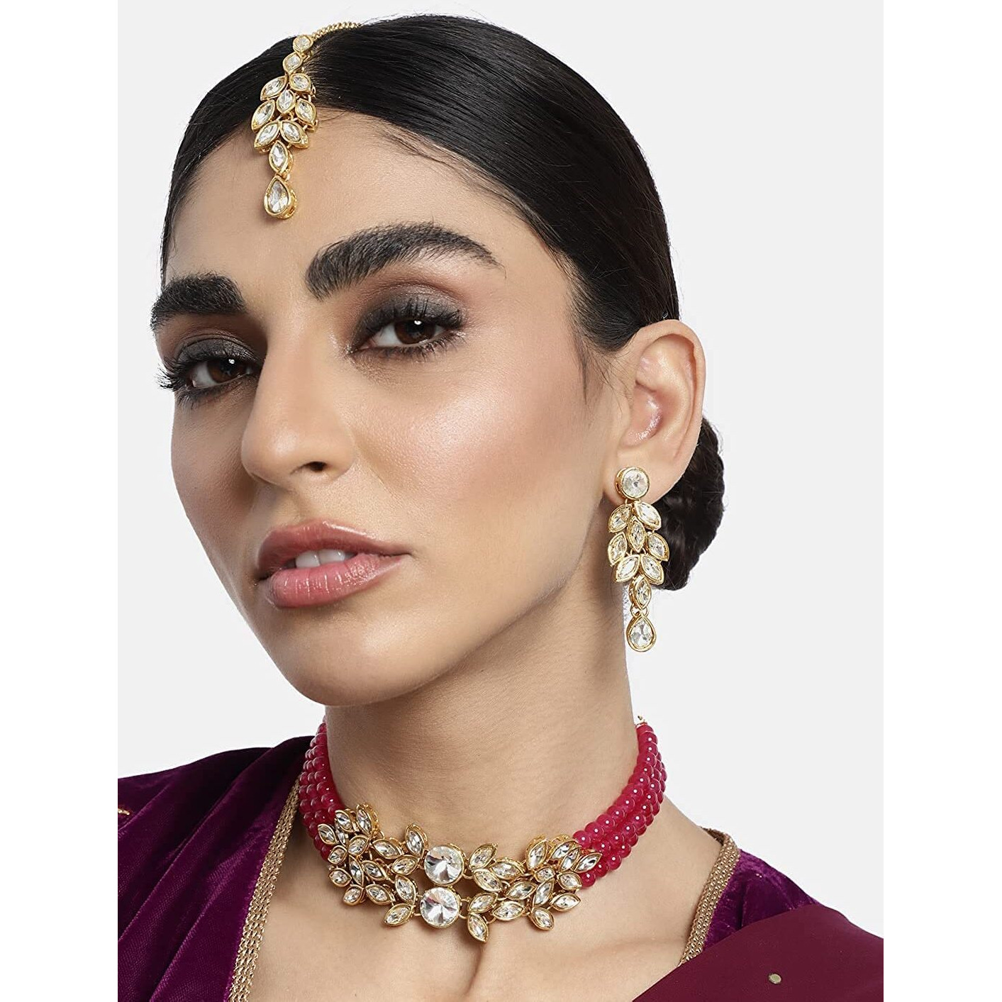 I Jewels Gold Plated Traditional Stone Studded Pearl Choker Necklace Set For Women (Rani Pink)