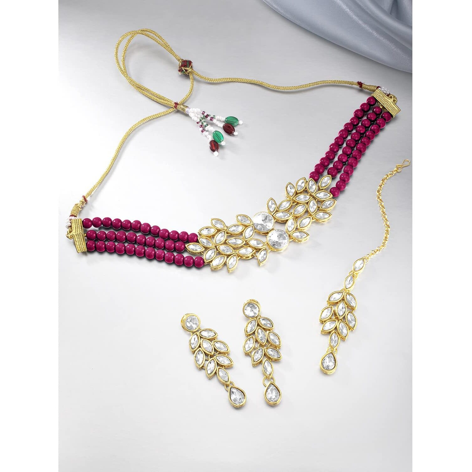 I Jewels Gold Plated Traditional Stone Studded Pearl Choker Necklace Set For Women (Rani Pink)
