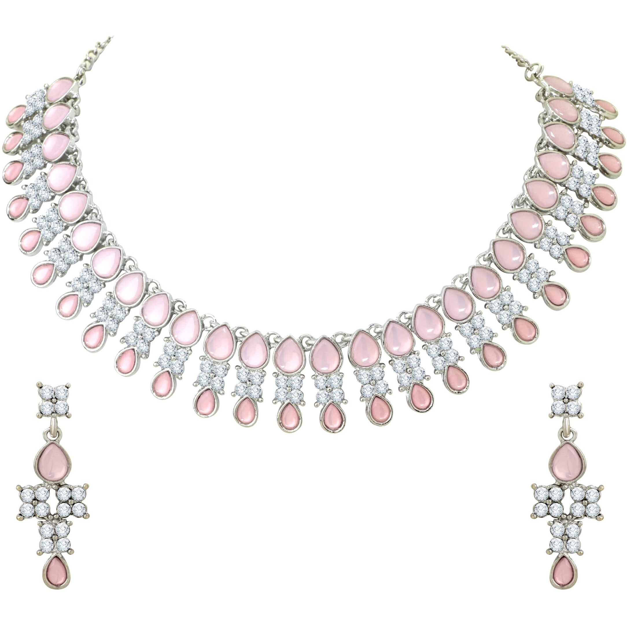 Atasi International Silver Plated Mint Pink Crystal Necklace Jewellery Set with Earrings for Women & Girls for Party & Wedding Collection (RMP5708)
