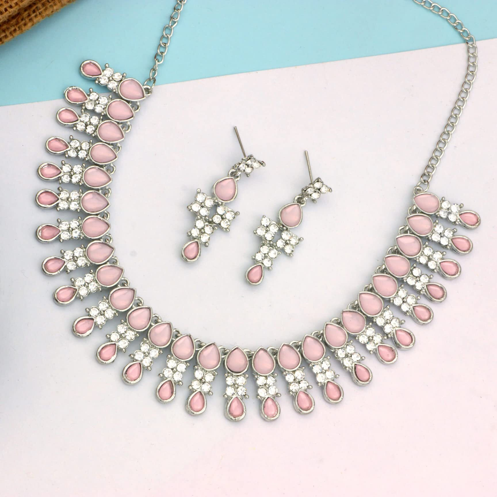 Atasi International Silver Plated Mint Pink Crystal Necklace Jewellery Set with Earrings for Women & Girls for Party & Wedding Collection (RMP5708)