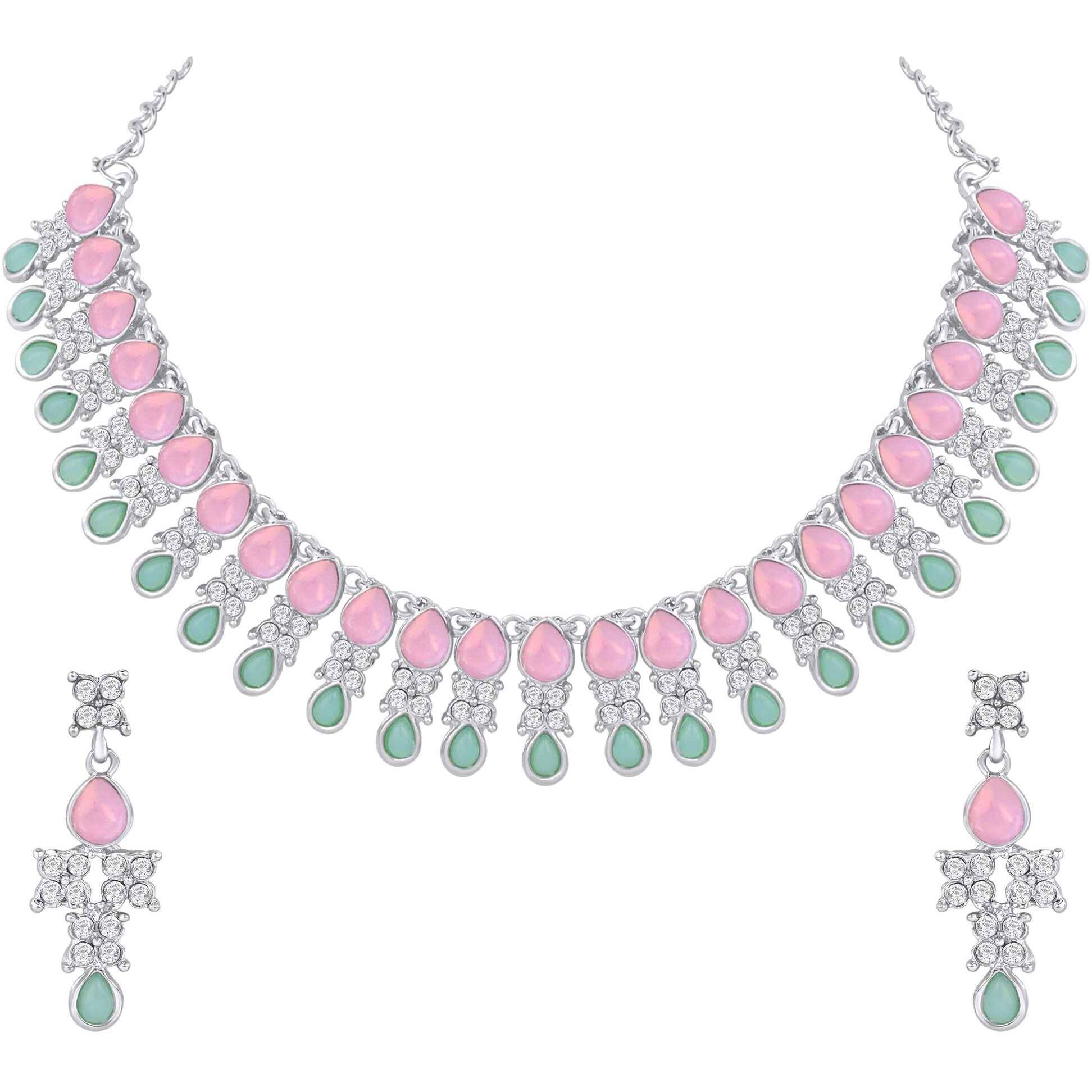 Atasi International Silver Plated Mint Pink & Green Crystal Necklace Jewellery Set with Earrings for Women & Girls for Party & Wedding Collection (RPG5708)