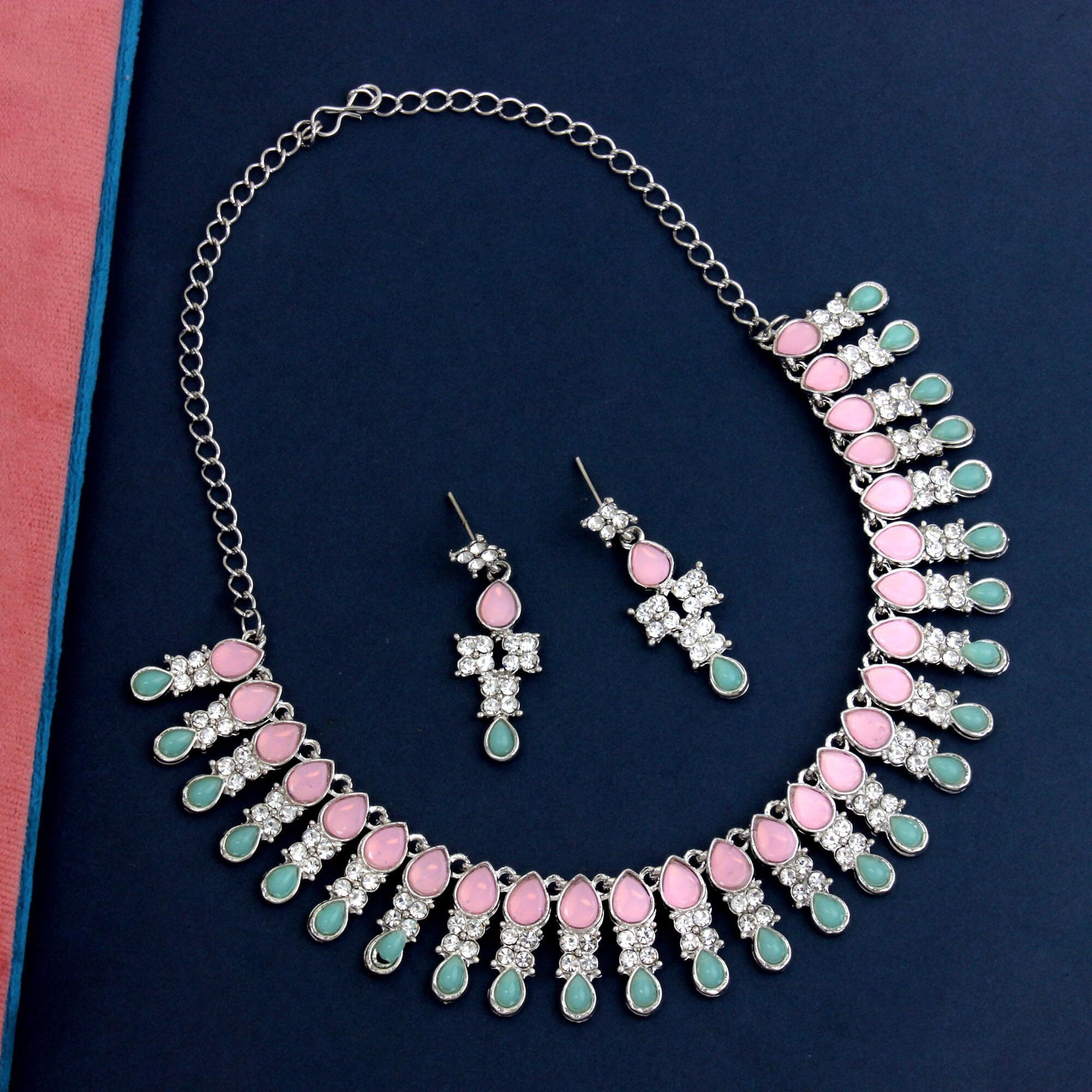 Atasi International Silver Plated Mint Pink & Green Crystal Necklace Jewellery Set with Earrings for Women & Girls for Party & Wedding Collection (RPG5708)