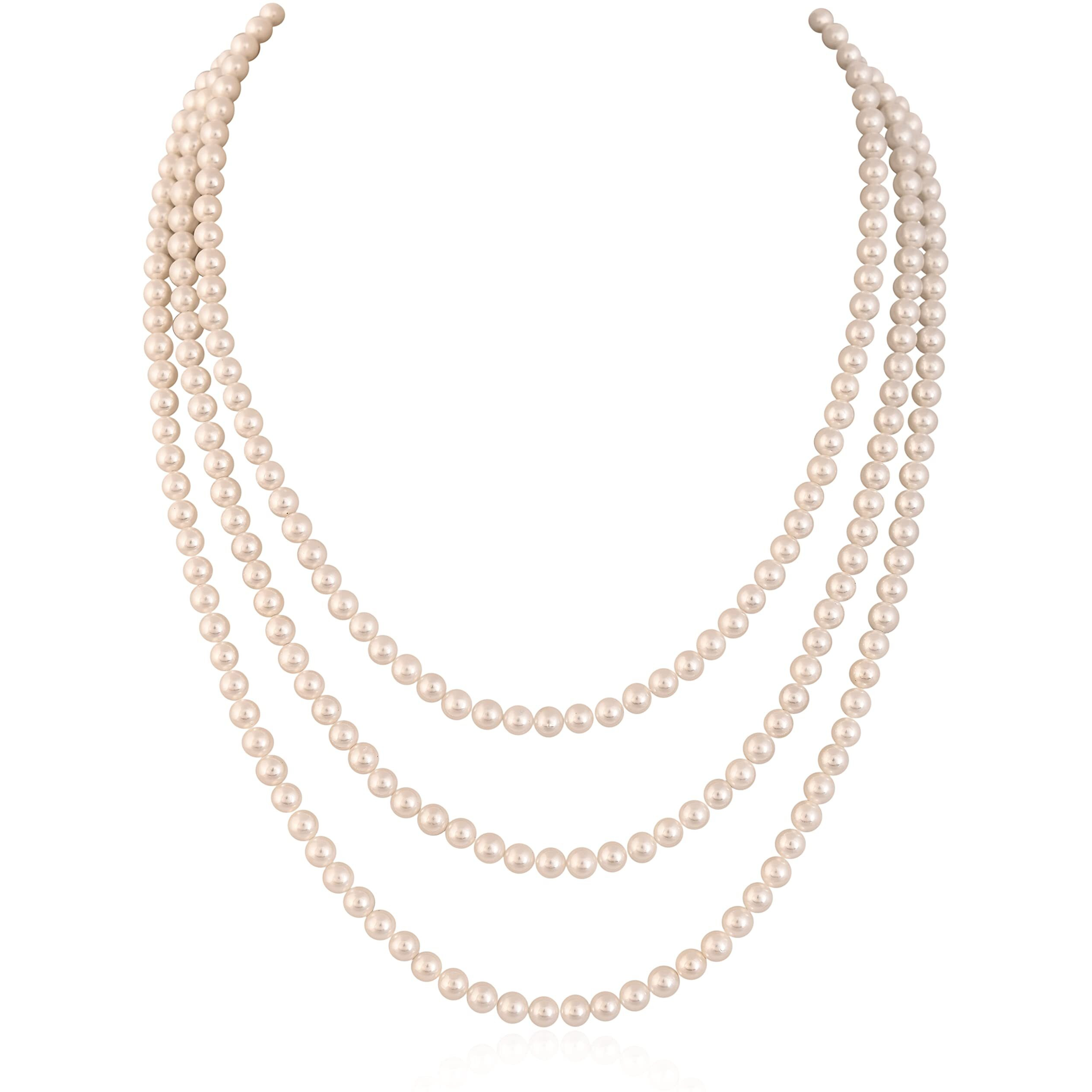 Ratnavali Jewels Pearl Necklace 3 Three Line 5mm White Round Pearl Long necklace Set With Back lock For Women/Girls