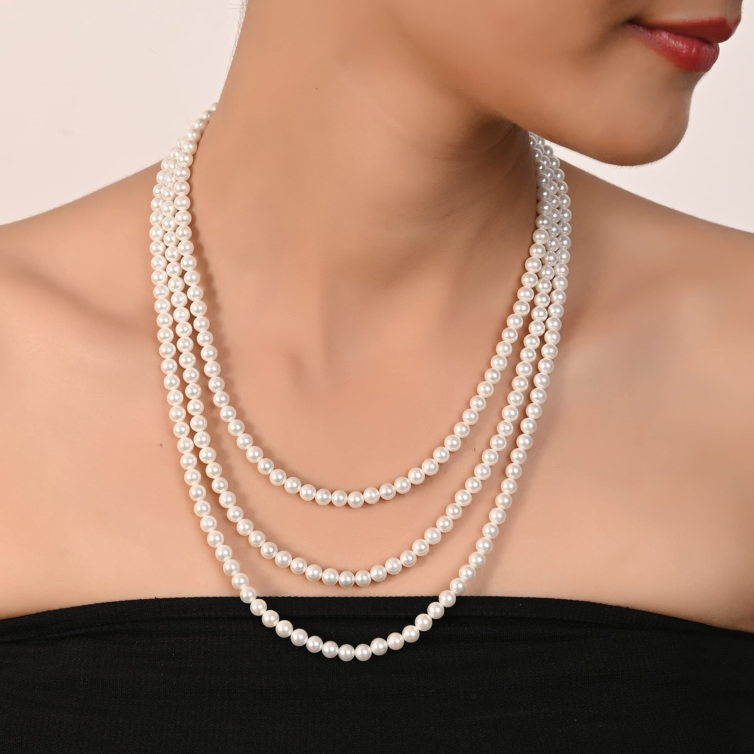 Ratnavali Jewels Pearl Necklace 3 Three Line 5mm White Round Pearl Long necklace Set With Back lock For Women/Girls