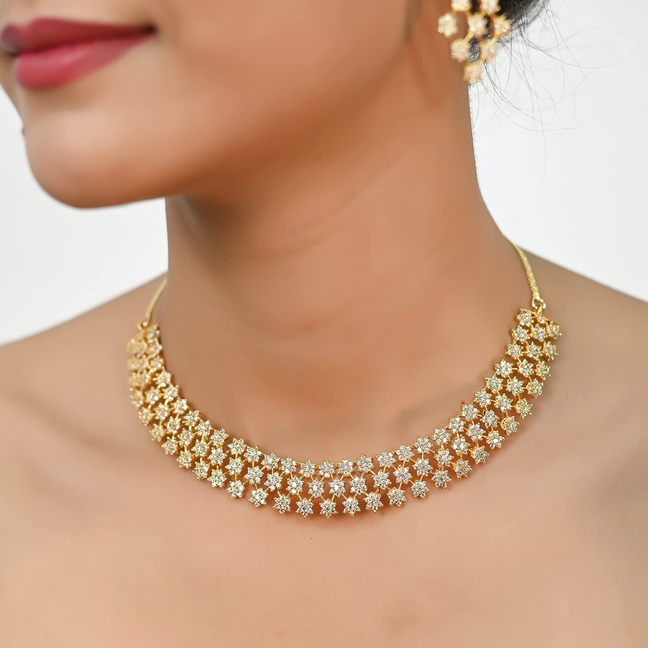 Ratnavali Jewels American Diamond White Necklace Pendant Set with Earrings for Women
