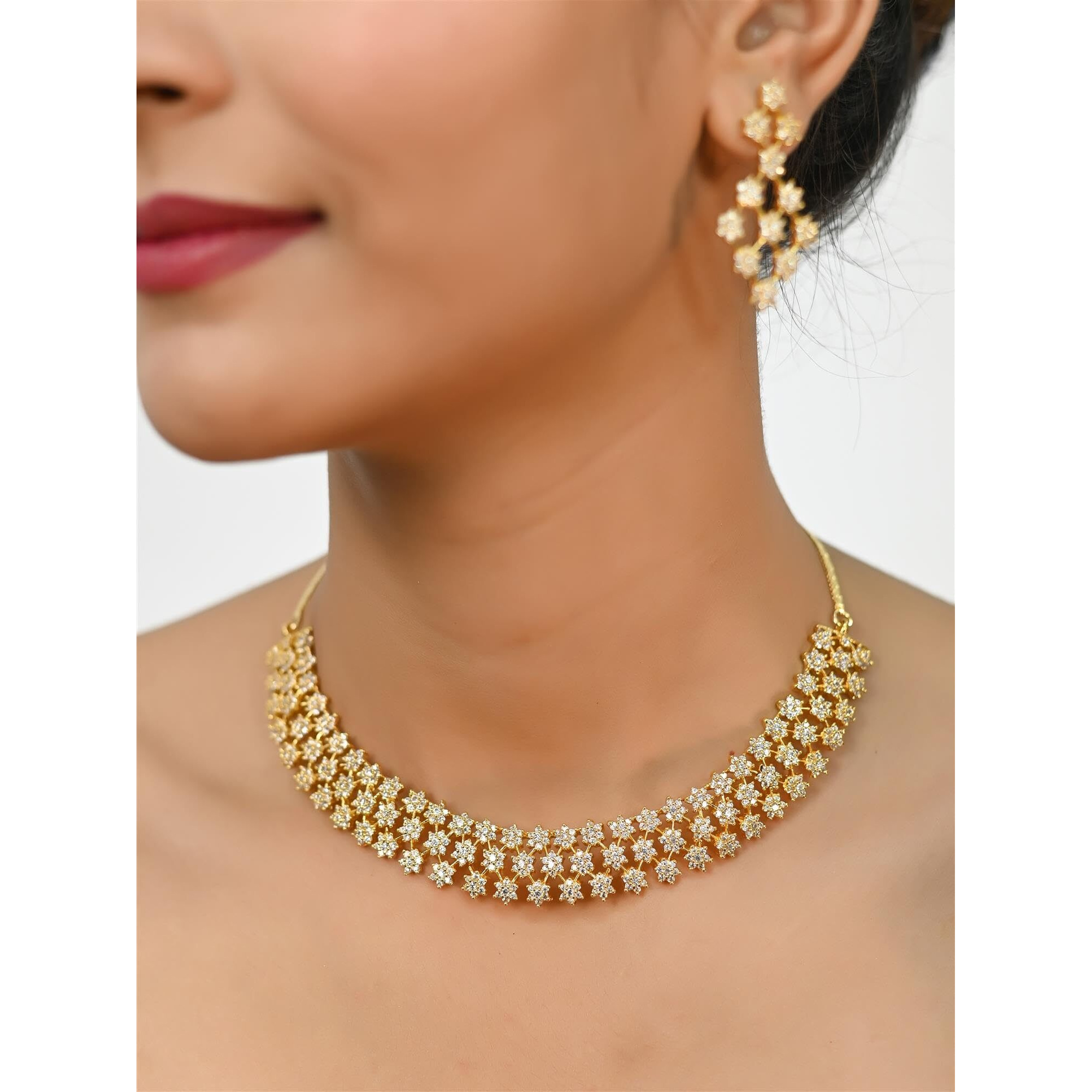 Ratnavali Jewels American Diamond White Necklace Pendant Set with Earrings for Women