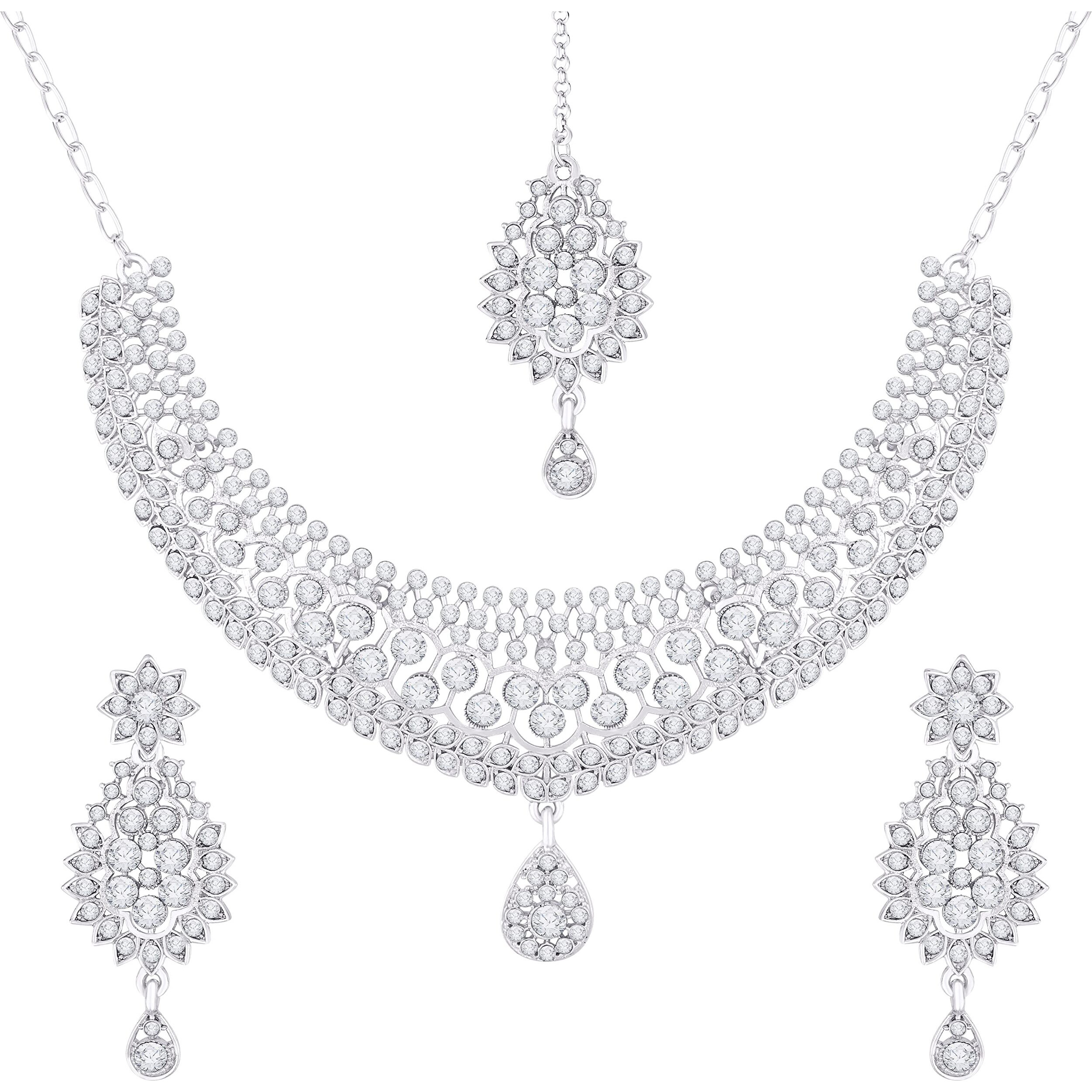 Atasi International Silver Plated Viva Sparkle Alloy Choker Necklace Set with Earrings and Maang Tikka - Weddings, Parties, and Festivals (R5406) For Women