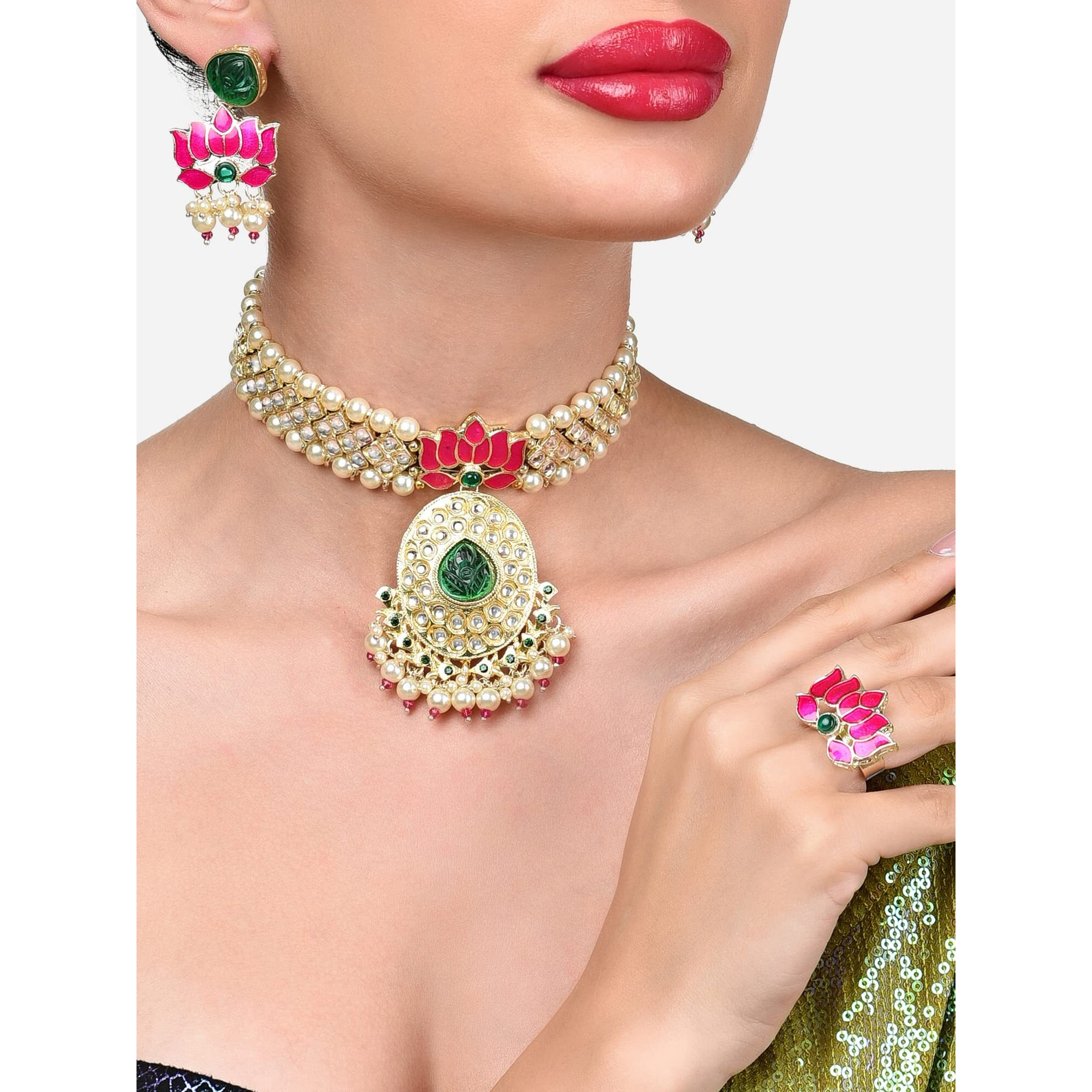 ZAVERI PEARLS Pink Green Meenakari Lotus Kundan Choker Necklace Earring & Ring Set For Women-ZPFK15844