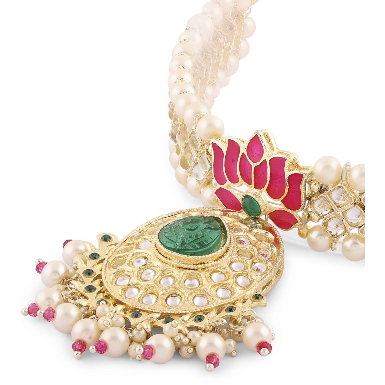 ZAVERI PEARLS Pink Green Meenakari Lotus Kundan Choker Necklace Earring & Ring Set For Women-ZPFK15844
