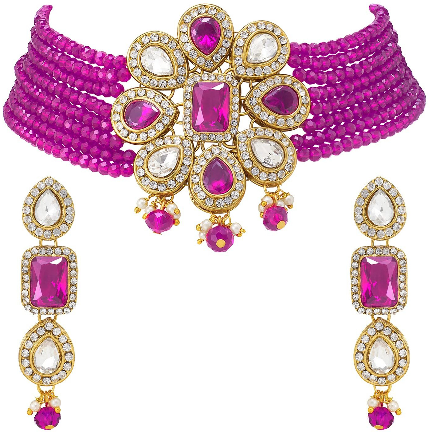 Peora Womens Shining Crystal Beaded Adjustable Choker Necklace, Earring Jewellery Set