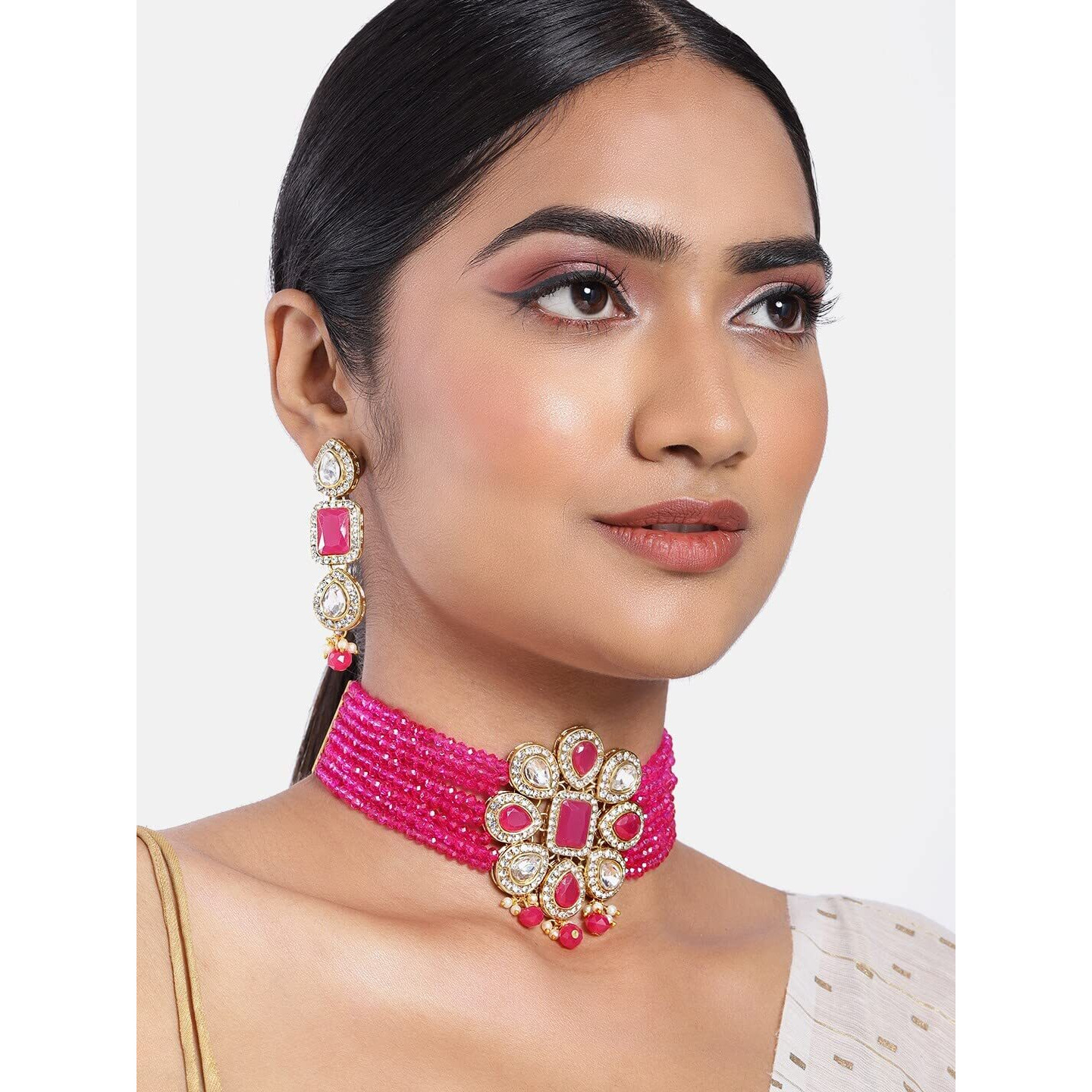Peora Womens Shining Crystal Beaded Adjustable Choker Necklace, Earring Jewellery Set